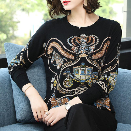 Women's Ethnic Style Printed Woolen Sweater Female High-end Cashmere Sweater O-Neck Outwear Pullover Sweater Plus Size Warm Jumper Top