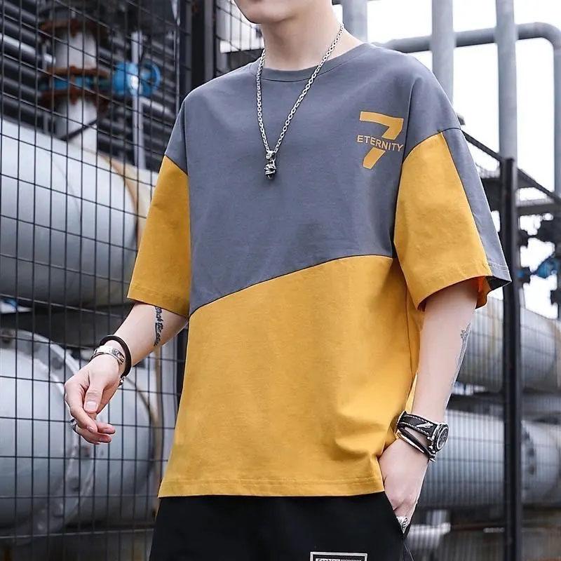 Men's Casual Loose Printing Sports Large Size Round Neck Shirt Summer Wild T-shirt Pen Breathable Top