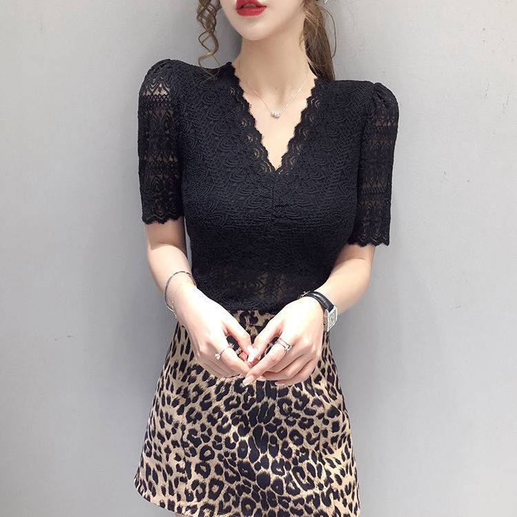 Lace Blouse Women Bubble Sleeve Sexy Tight V-neck Short Sleeve T-Shirt Top Net Red Ins Small Shirt