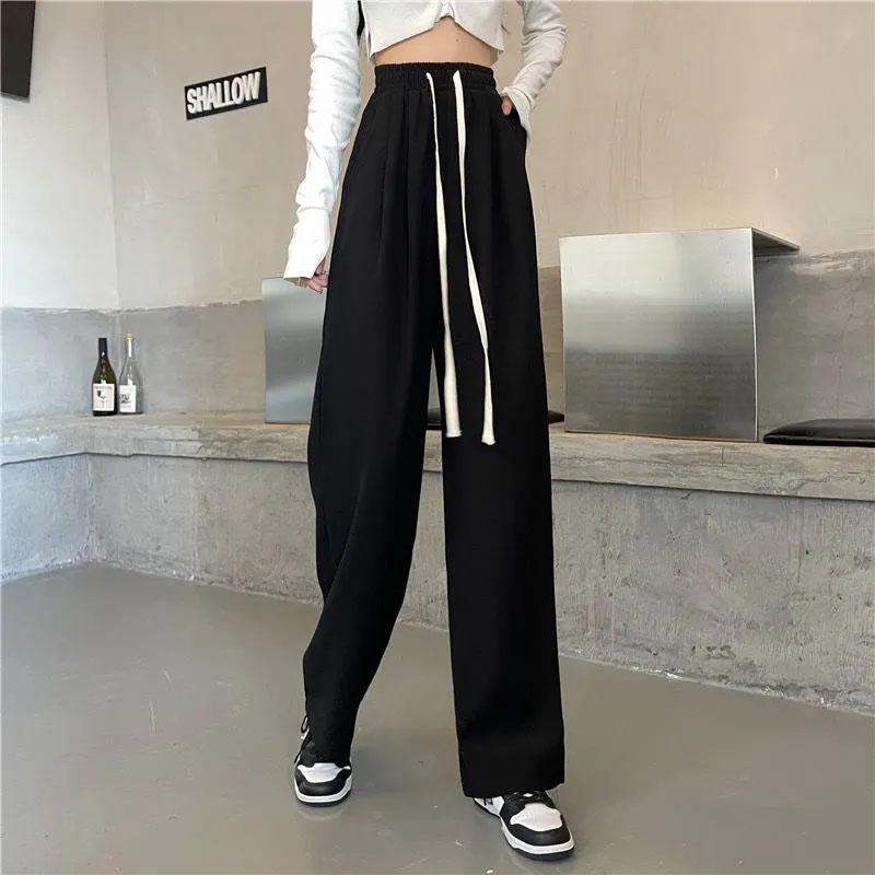 Women's Spring and Summer Loose Casual Pants Korean Style Wide-leg Pants High Waist Drape Drawstring Straight Mopping Trousers Fitness Jogging Pants