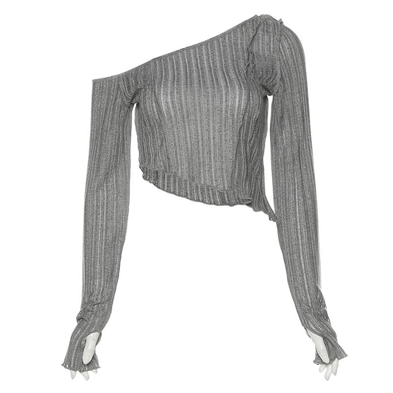Spring, Summer and Autumn Women's Solid Color Slim Fit Cropped Navel Fashion Irregular Slanted Shoulder Long-sleeved T-shirt