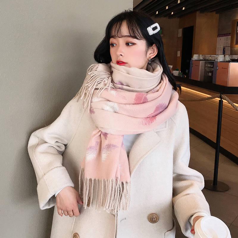 Winter Scarf Women Wool Feather Print Cashmere Scarf Pashmina Tassels Women Men Wrap Shawl