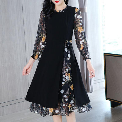 Large Size Women's Chiffon Stitching Fake Two-piece Dress Loose Casual Elegant Long Skirt Black Floral