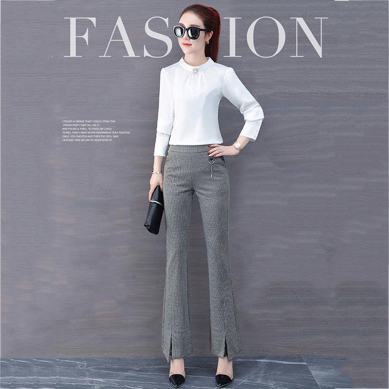 Women's Plaid Pants Flare Pants High-waist Split Elastic Pendant Micro-flared Pants