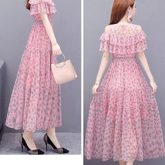 Mesh Chiffon Floral Dress Female Summer Off-shoulder Beach Skirt Over The Knee Long A-line Skirt Big Skirt Hemline Waist Slim Cute Dress Female