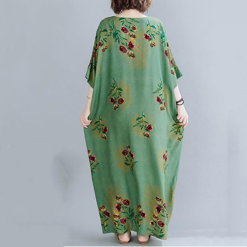 WTEMPO Green Plus Size Ladies Dress Summer Round Neck Long Dress Casual Full Length Flower Pattern