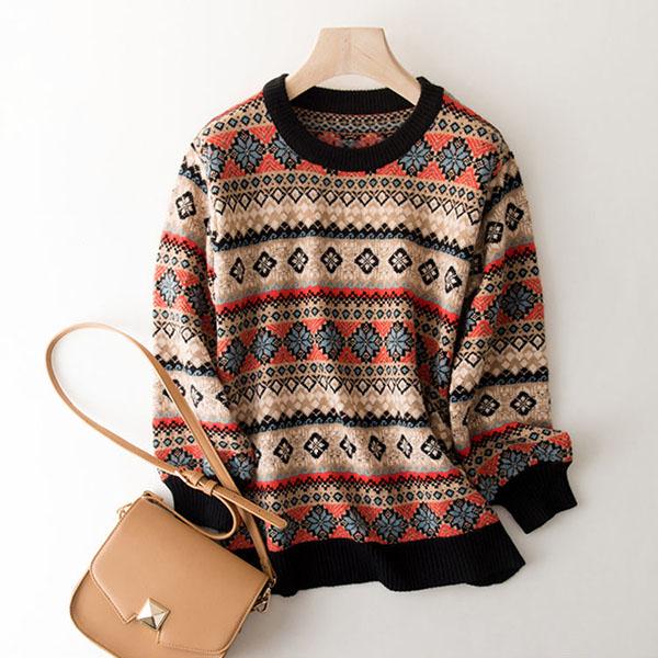 Round Neck Vintage Jacquard Woollen Sweater Women  Loose Outer Wear/bottoming  Knitted Pullover Top