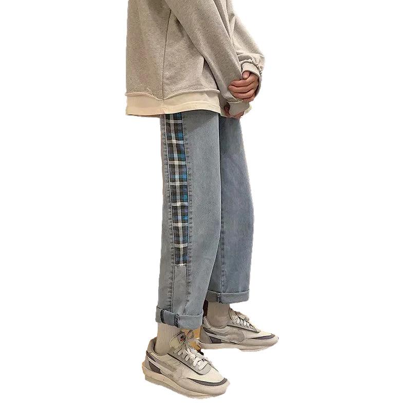 Spring and Summer Plaid Stitching Jeans Men's Design Sense Pants Straight Loose Nine-point Pants Tide Ins