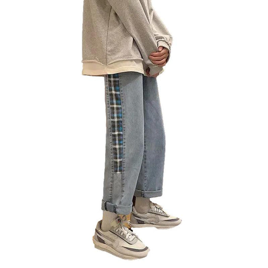 Spring and Summer Plaid Stitching Jeans Men's Design Sense Pants Straight Loose Nine-point Pants Tide Ins