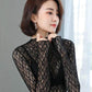 Four Seasons Popular Lace Bottoming Shirt Hollow Long-sleeved Half-high Collar with Tulle Slim Top