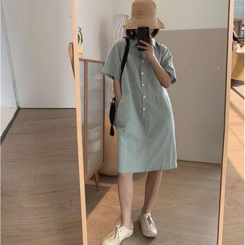 Cotton and Linen Women's Simple Temperament Commuter Casual Straight Lapel Pullover Short Dress