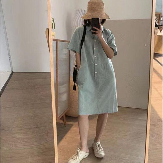 Cotton and Linen Women's Simple Temperament Commuter Casual Straight Lapel Pullover Short Dress