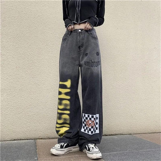 Trend Wild Graded Jeans Female INS High Waist Slim Casual Loose Straight Wide Leg Pants Trousers