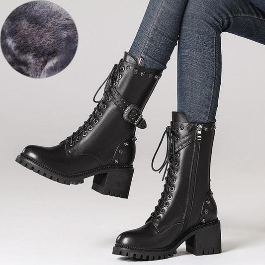 Autumn and Winter Martin Boots Women British Style Rivet Boots Motorcycle Boots Military Boots Plus Velvet Warm Snow Boots Winter Boots