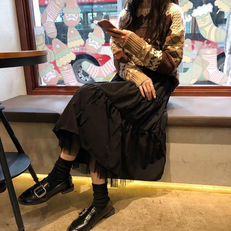 Yarn Skirt Woman's Mid-length Elastic Waist Ruffle Lace Hem School Work Travel High Waist A-line Skirt