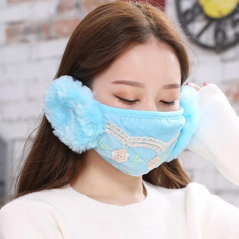 Women's Two-in-one Ear Protection Warm Lace Mask Autumn Winter Thickening Dust-proof Anti-fog Cold-proof Breathable Mask Face Mouth Mask