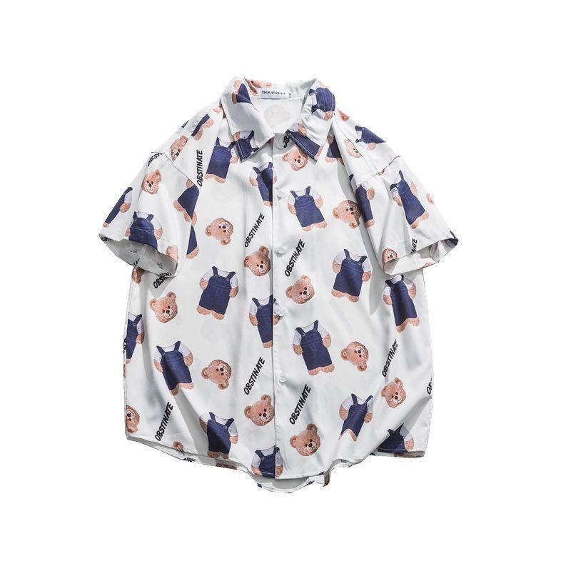 Summer Color Ink Bear Print Short-sleeved Shirt Loose-fitting Couple Shirt