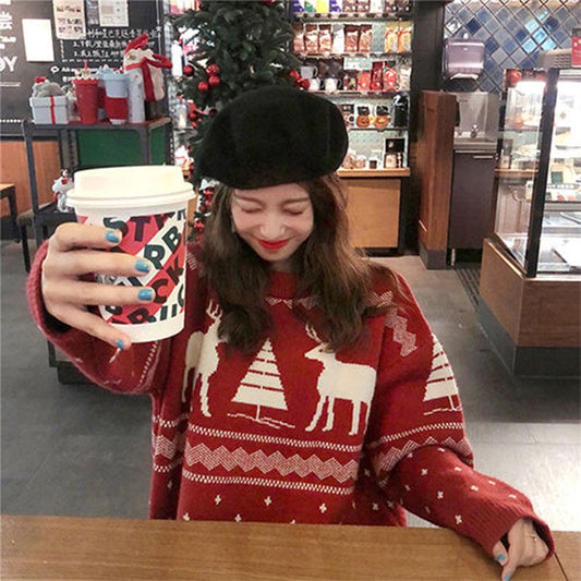 Autumn and Winter Pullover Top Loose Casual Thick Coat Christmas Style Knitted Female Sweater