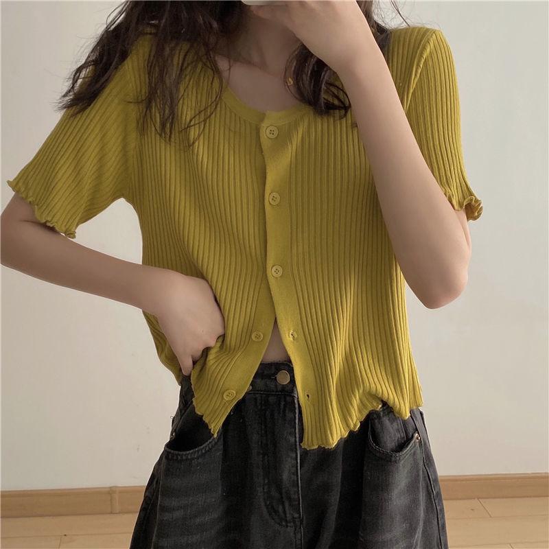 Summer and Autumn Knitted Tops Round Neck Short-sleeved Sweater Cardigan Loose Young Women's Jacket