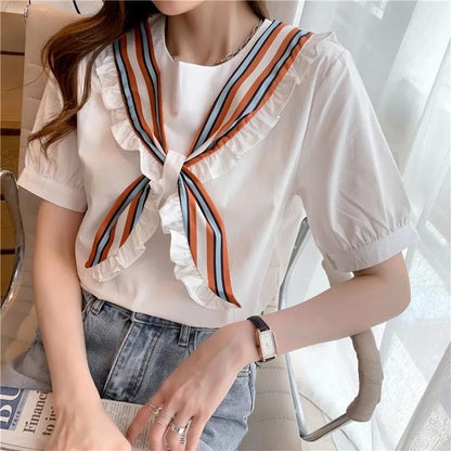 Short Sleeve T-shirt Women's Summer Loose Round Neck Tie Bow All Match Top