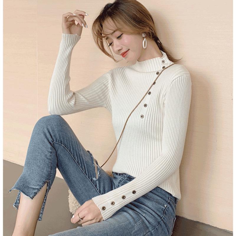 Pofulove Turtleneck Hollow Top Fashion Shirt Slim Sweater Cannot Ball BallButton Turtleneck