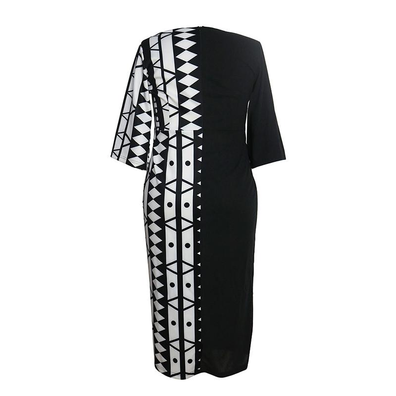 Geometric Print Plus Size 5XL Women Dress Elegant V-Neck Color Block Office Bodycon Robe Summer Casual Dresses