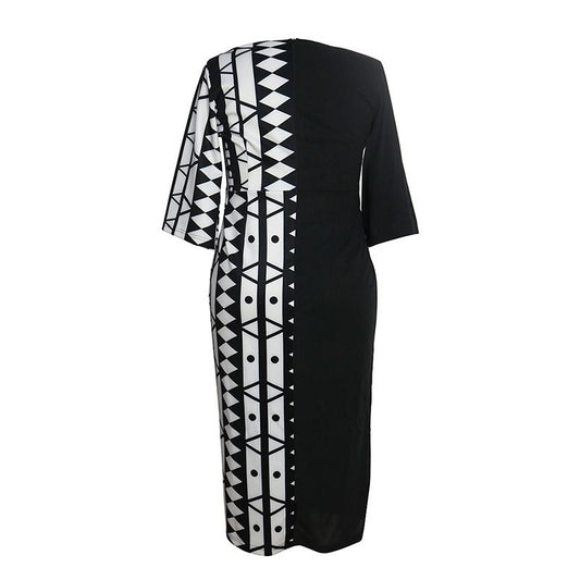 Geometric Print Plus Size 5XL Women Dress Elegant V-Neck Color Block Office Bodycon Robe Summer Casual Dresses