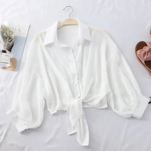 Summer Shirt Half Sleeve Buttoned Up Loose Casual Blouse Chiffon Shirts Women Tied Waist Elegant Blouses for Women