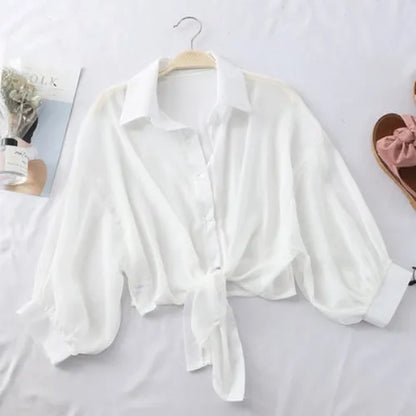 Summer Shirt Half Sleeve Buttoned Up Loose Casual Blouse Chiffon Shirts Women Tied Waist Elegant Blouses for Women