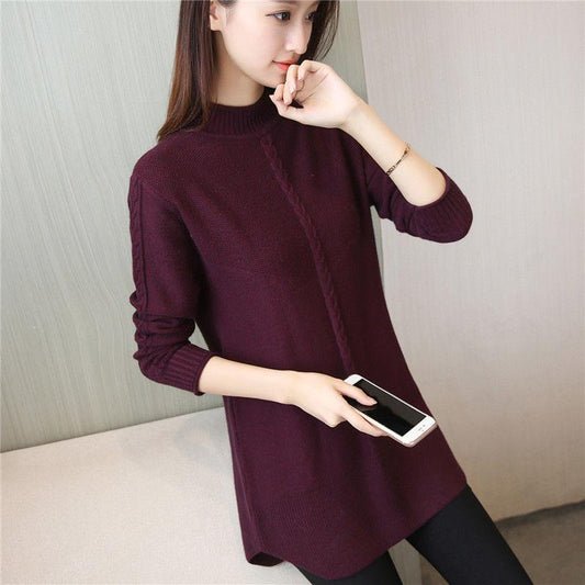 PofuloveSweater women's mid-length half-high collar thickened large size loose-knit base shirt dress