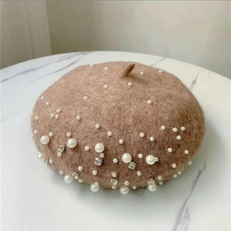 Women's Wool Beret Autumn Casual Pearl Rivet Solid Color Beret