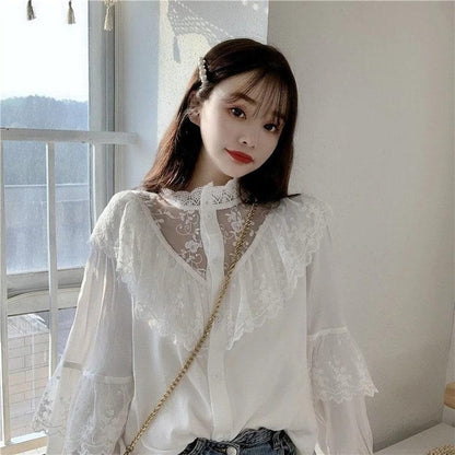 French Retro Lace Shirt Spring Western Style Design Niche Long-sleeved Half Turtleneck Top