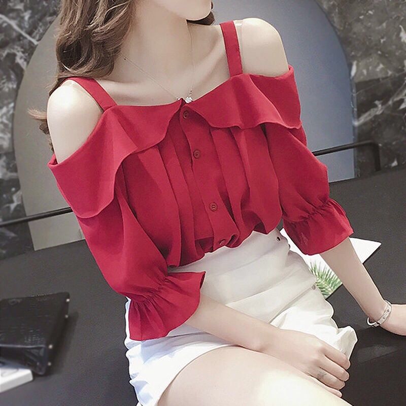 Sling One-shoulder Blouse Women's Ruffled Mid-sleeve Off-shoulder Shirt Chiffon Shirt Off-shoulder Sling Shirt Sweet and Cute