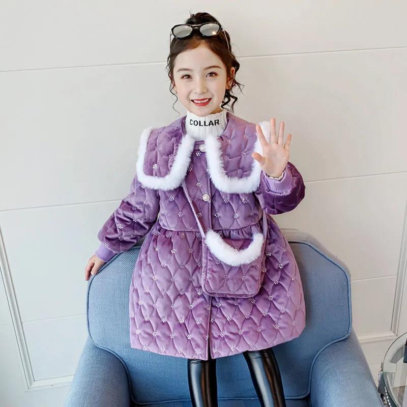 Girls Thick Warm Cotton Clothes Mid-length Winter Windproof Quilted Jacket