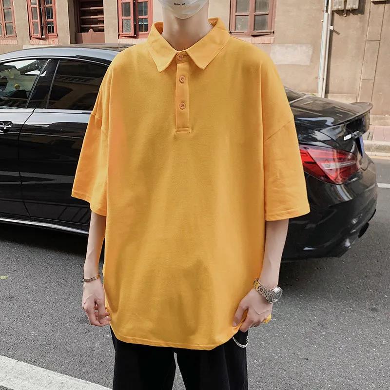 Short-sleeved T-shirt Boys Summer Loose Wild Student Half-sleeved   Shirt Ins Trend Solid Color Lapel Top