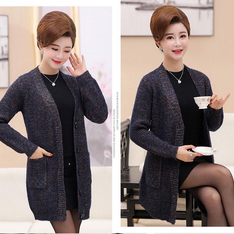 Autumn and Winter V-neck Cardigan Sweater Mid-length Casual Slim Jacket Simple Middle-aged and Elderly Ladies Jacket