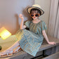Girls Summer Korean Cake Skirt Suit Girl Western Style Cotton Plaid Short-sleeved Skirt Two-piece