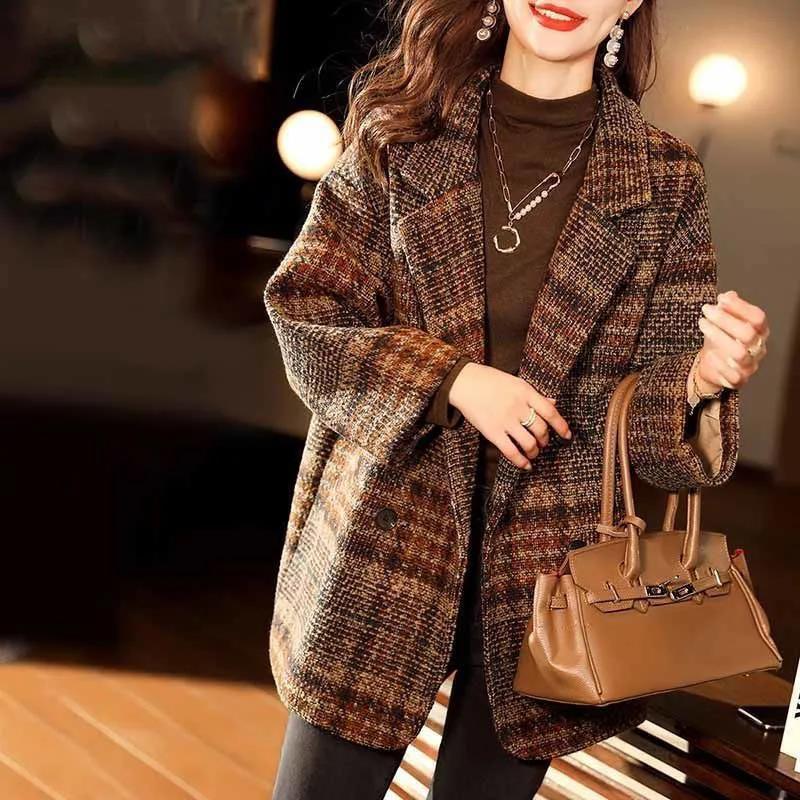 Woolen Plaid Coat Women's Mid-length Spring Loose Suit Coat