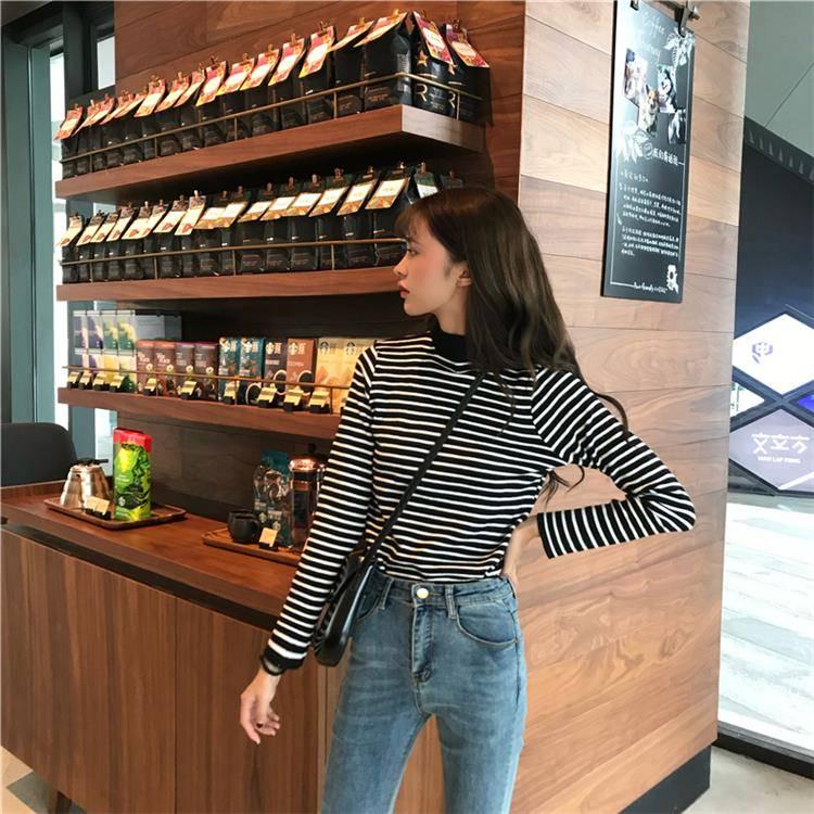 Pofulove Wear Half-high Collar Striped Long-sleeved Knitted Bottoming Shirt Sweater Top Women Winter