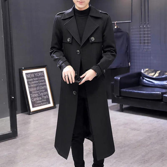 Spring Long Over Knee Windbreaker Men Slim Jacket V-neck Casual Coat Trend Parka for Youth