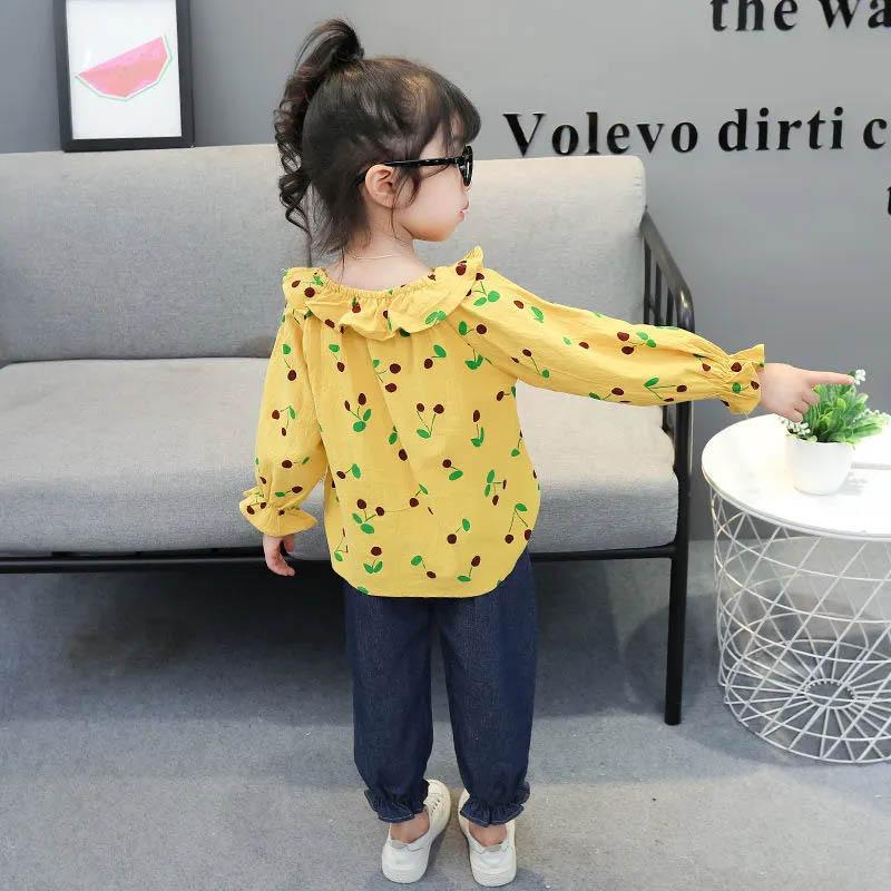 Girls Spring and Autumn Pullover Long-sleeved Breathable Suit Ruffled Neckline Cute Floral Casual Style Sports Two-piece Suit