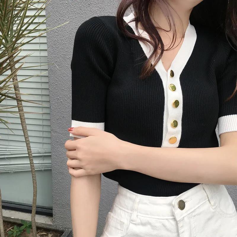 Women V-neck Knitted Pullovers Casual Comfortable Sweater Slim Shirts Temper Elegant T-shirts Spring