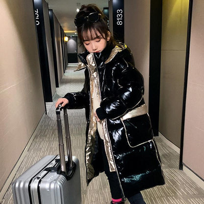 Girls' Warm Down Padded Jacket Winter Long Over The Knee Plush Thickened Shiny Cotton Coat
