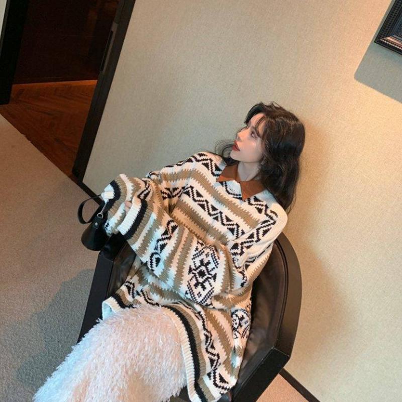 Pofulove autumn and winter loose sweater jacquard long-sleeved thick round neck sweater women