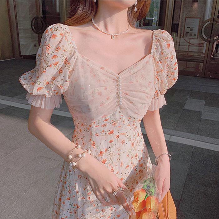 Net Yarn Splicing Floral Short Sleeve Mermaid Skirt  Women's Summer Dress Printing Knee-length Daily Wear Office Dating Party