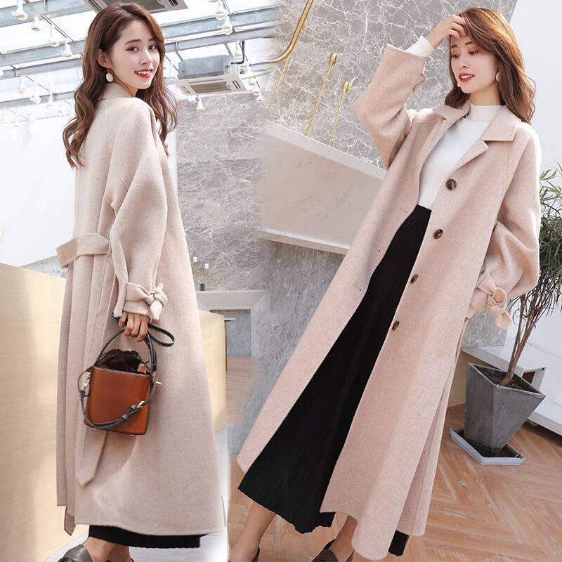 Elegant Long Women's Coat Lapel 2 Pockets Belted Jackets Solid Color Coats Female Outerwear