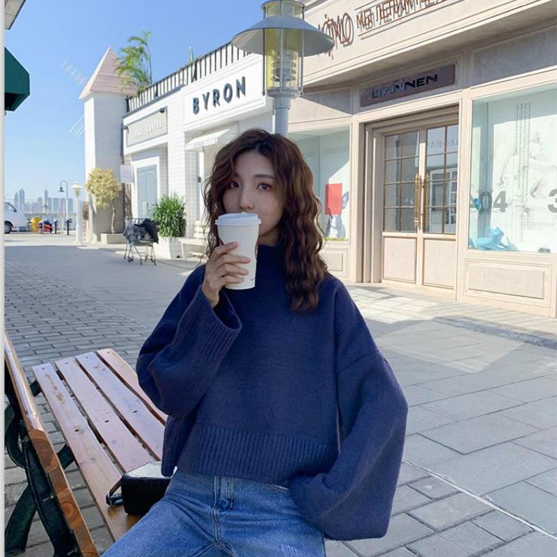 Women's Solid Color Half-neck Long Sleeve Pullover Sweater Casual Loose Tops Girl's Wild Sweater