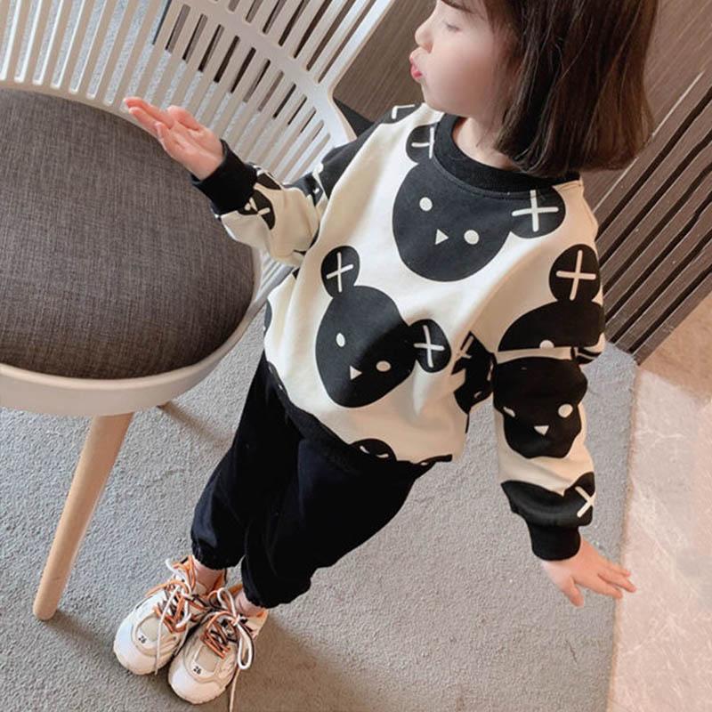Girls Suits Spring and Autumn Clothing Baby Girl Sports and Leisure Round Neck Pullover Sweater Trousers Cute Bear Print Two-piece Set