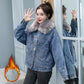 Big Fur Collar Short Padded Jacket Women Plus Velvet Thick Denim Jacket Loose Warm and Comfortable Cotton Coat