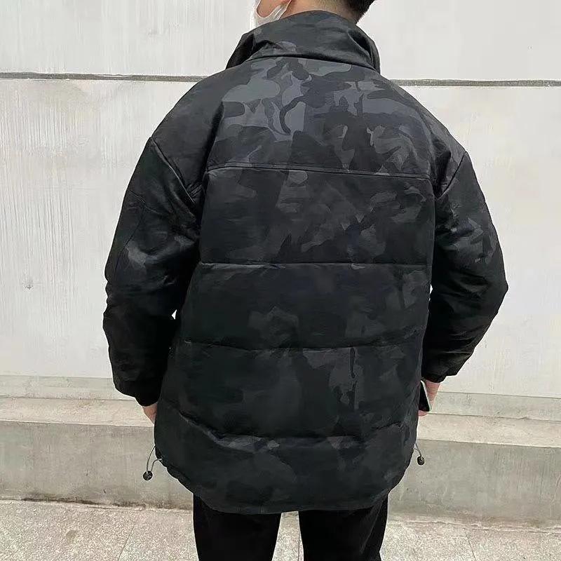 Men's Winter Down Jacket Plus Size PU Leather Camouflage Jacket Streetwear Coat Stand Collar Solid Color Casual Jackets Warm Thick Black Clothing